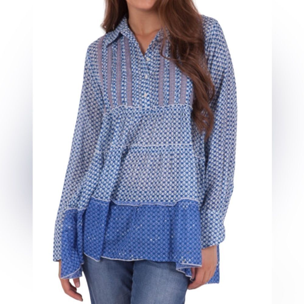 Free People Long Sleeve Tiered 3/4 Botton Down Blouse Size Medium